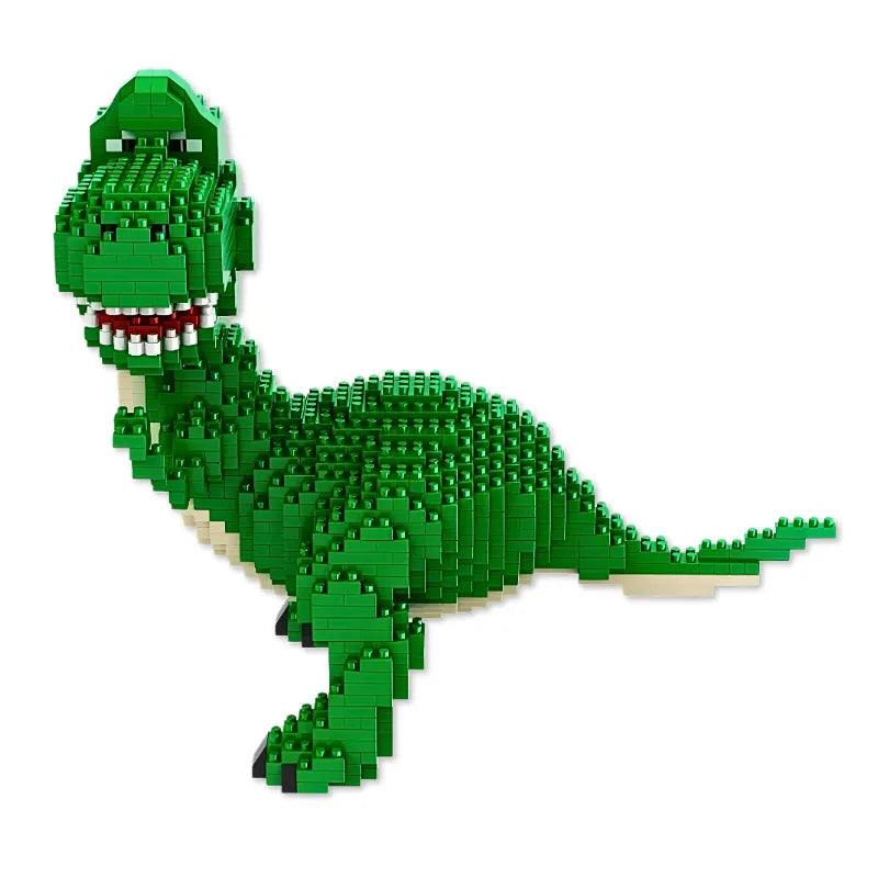 Figurine en brique Rex Toy Story - détail Diamond Bricks T-Rex vert vif gueule ouverte dents blanches 4 pattes base grise 15cm