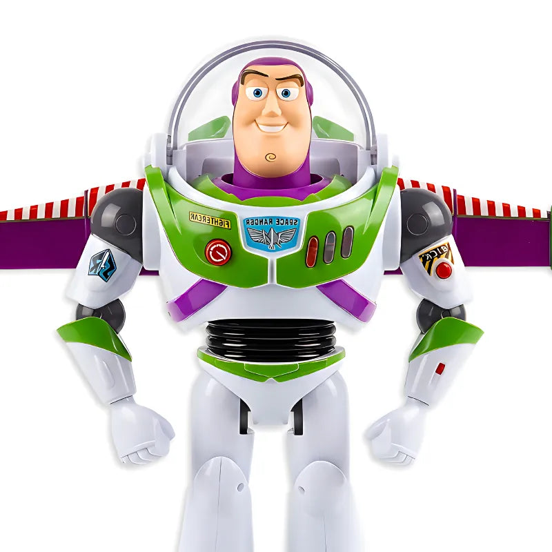 Figurine Buzz l'Éclair - détail combinaison spatiale blanche verte boutons interactifs visière 33cm