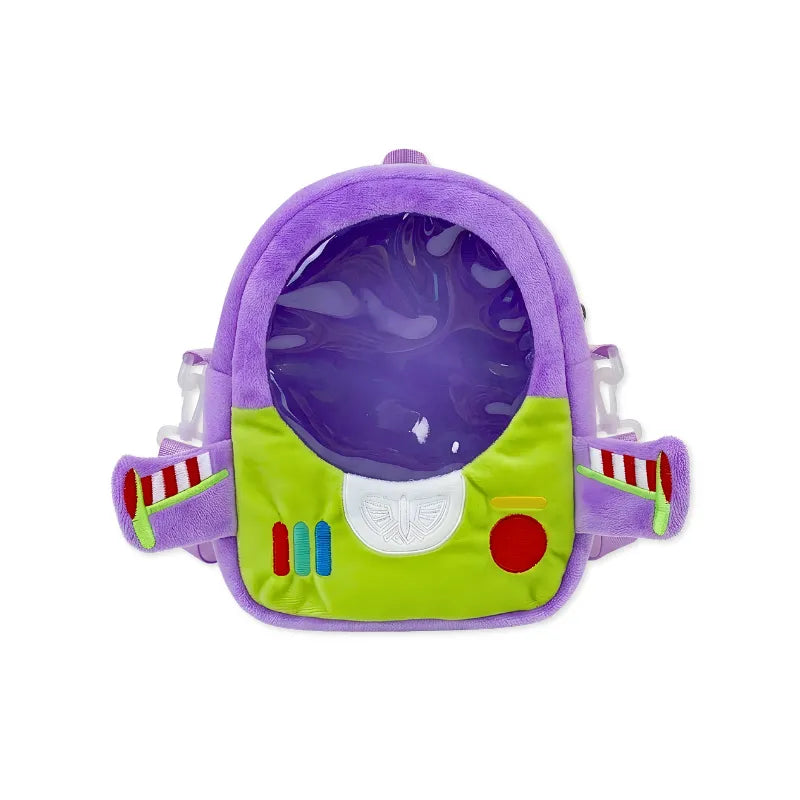 Sac Buzz Toy Story - détail forme jetpack violet vert blanc hublot transparent rond bandoulière violette 17x21cm